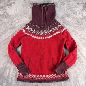 Eddie Bauer Wool Blend Cowl Neck Sweater Women's M Red Fair Isle Nordic Pocket